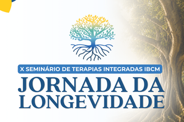 Card gráfico com fundo branco e detalhes em tons de azul e amarelo, destacando a logo em formato de árvore e o texto "X Seminário de Terapias Integradas IBCM: Jornada da Longevidade".