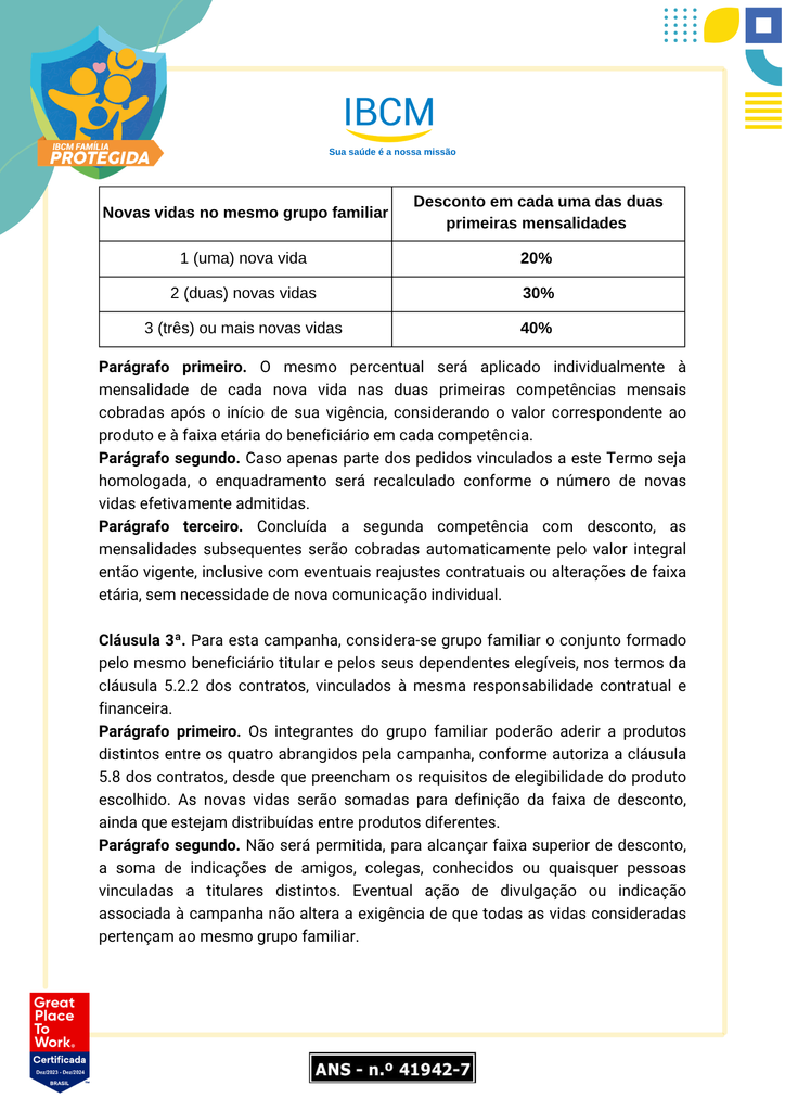 Segunda página do termo contratual da IBCM contendo a tabela de descontos em porcentagem de acordo com o número de novas vidas no grupo familiar.