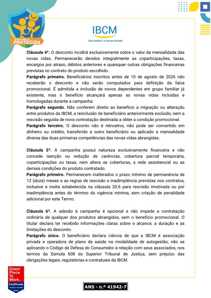 Terceira página do termo aditivo da campanha Família Protegida IBCM detalhando cláusulas de carência, coparticipação e regras de rescisão.