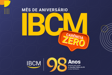 Miniatura promocional de fundo azul com a marca IBCM em letras amarelas grandes e um selo laranja em destaque indicando Carência Zero. Na parte inferior, vê-se a imagem de uma médica atendendo uma mãe com bebê e o selo comemorativo IBCM 98 Anos.