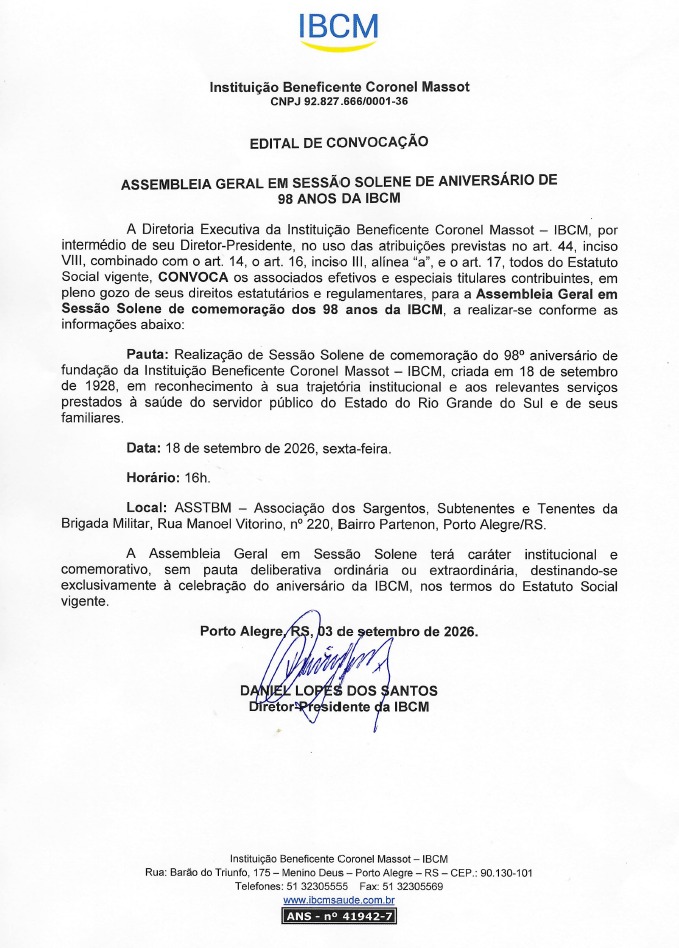 Edital de convocação da IBCM para Assembleia Geral em Sessão Solene de Aniversário de 98 Anos em 18 de setembro de 2026, às 16h, na ASSTBM.