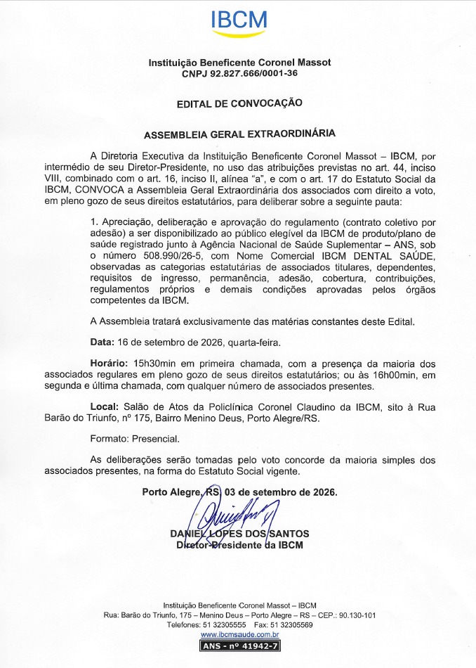 Edital de convocação da IBCM para Assembleia Geral Extraordinária em 16 de setembro de 2026, às 15h30min, na Policlínica Coronel Claudino.